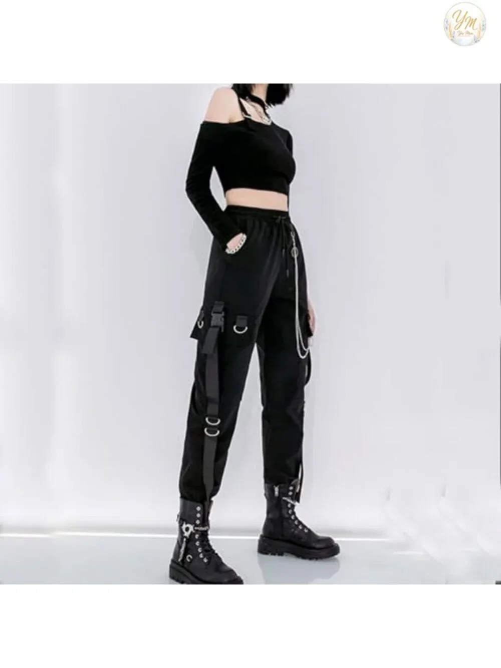 Techwear Cargo Pants with Chain Gothic High Waist Wide Leg Street Style